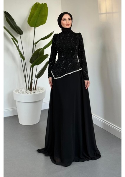 Santa Üstü Taşlı Asimetrik Kesim Abiye Siyah modelleri