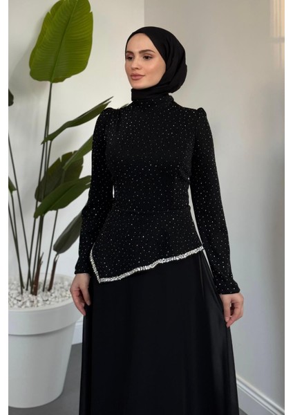 Santa Üstü Taşlı Asimetrik Kesim Abiye Siyah fırsatları