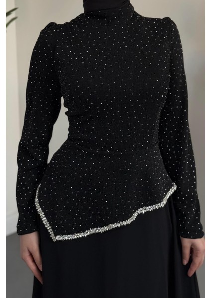 Santa Üstü Taşlı Asimetrik Kesim Abiye Siyah indirimleri