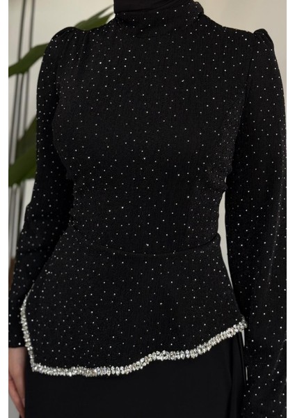 Santa Üstü Taşlı Asimetrik Kesim Abiye Siyah