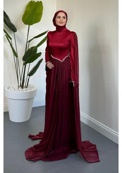 Nuvell Beli ve Kol Ucu Taşlı Abiye Bordo
