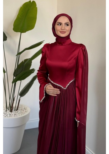Nuvell Beli ve Kol Ucu Taşlı Abiye Bordo fiyatları