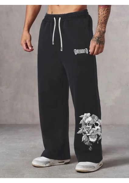 Punıx Büyük Beden Özel Seri Yılanlı Kuru Kafa Baskılı %100 Pamuk Kışlık Bol Düz Paça Kışlık Erkek Eşofman Altı