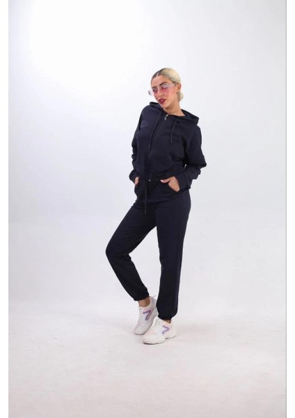 Iki Iplik Kapüşonlu Fermuarlı Crop Oversize Hırka Takım- Lacivert