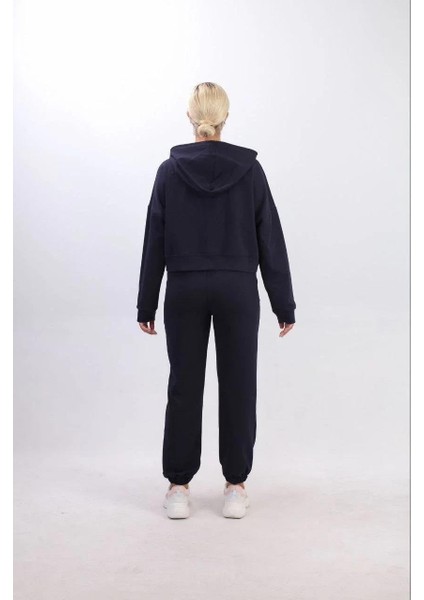Iki Iplik Kapüşonlu Fermuarlı Crop Oversize Hırka Takım- Lacivert fırsatları