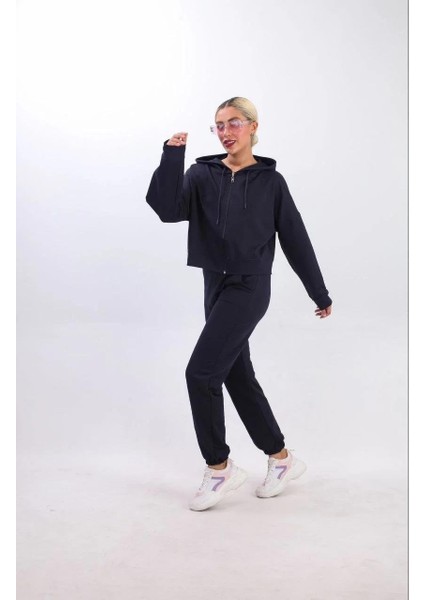 Iki Iplik Kapüşonlu Fermuarlı Crop Oversize Hırka Takım- Lacivert