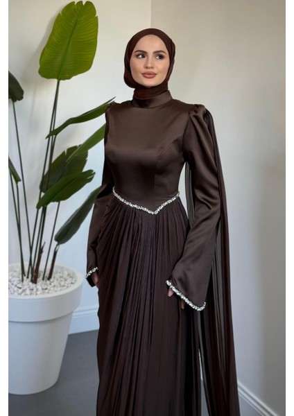 Nuvell Beli ve Kol Ucu Taşlı Abiye Kahverengi modelleri