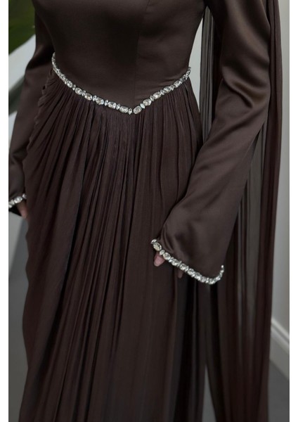 Nuvell Beli ve Kol Ucu Taşlı Abiye Kahverengi indirimleri