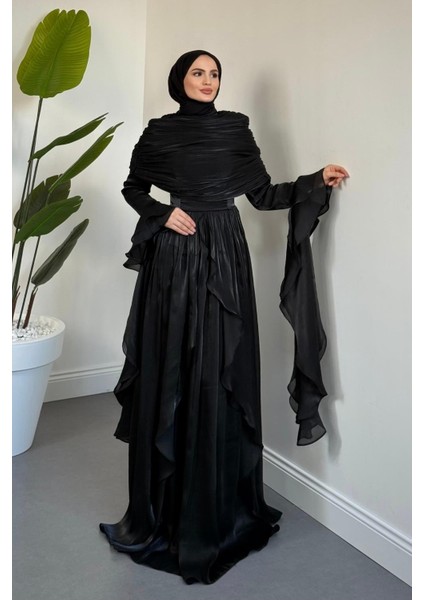 Naruna Pelerinli Fırfırlı Abiye Siyah