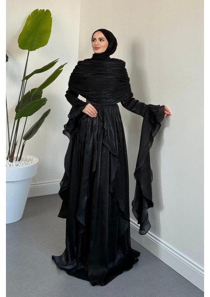 Naruna Pelerinli Fırfırlı Abiye Siyah fiyatları