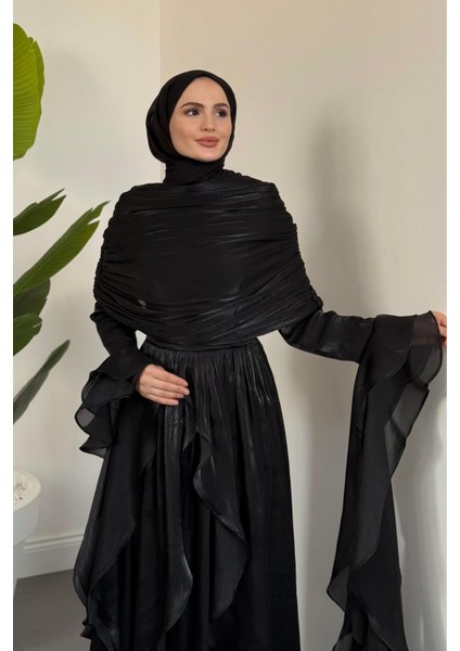 Naruna Pelerinli Fırfırlı Abiye Siyah modelleri