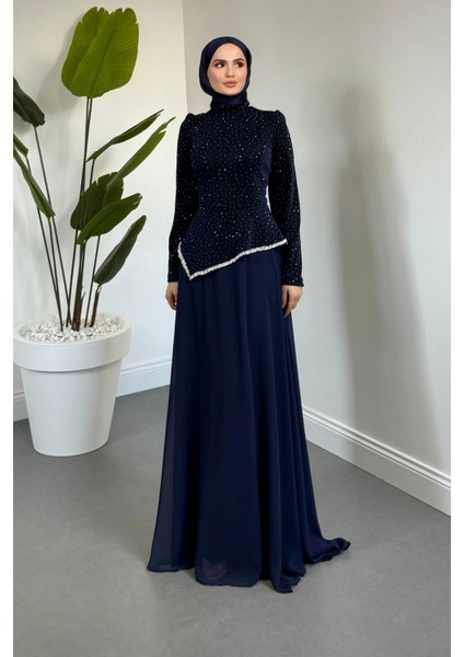 Santa Üstü Taşlı Asimetrik Kesim Abiye Lacivert