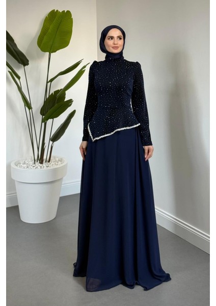 Santa Üstü Taşlı Asimetrik Kesim Abiye Lacivert fiyatları