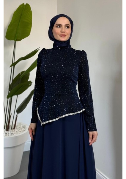 Santa Üstü Taşlı Asimetrik Kesim Abiye Lacivert modelleri
