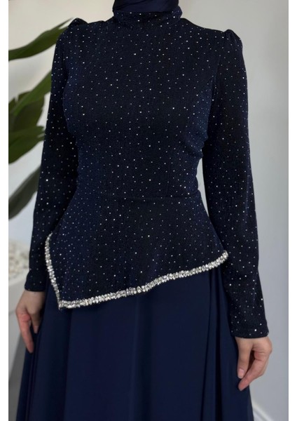 Santa Üstü Taşlı Asimetrik Kesim Abiye Lacivert fırsatları