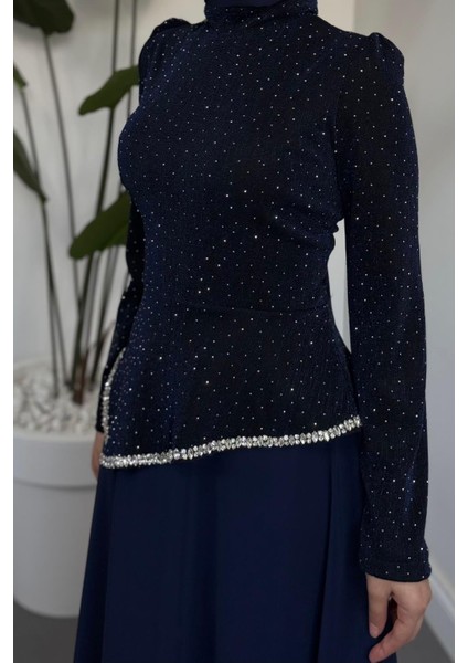 Santa Üstü Taşlı Asimetrik Kesim Abiye Lacivert indirimleri