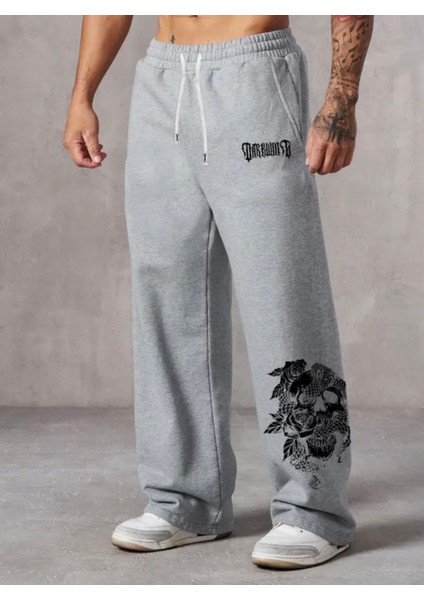 Punıx Büyük Beden Özel Seri Yılanlı Kuru Kafa Baskılı %100 Pamuk Kışlık Bol Düz Paça Kışlık Erkek Eşofman Altı