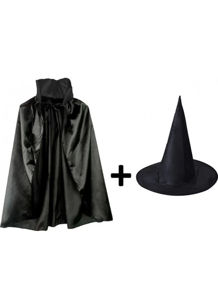- Siyah Yakalı Pelerin ve Siyah Cadı Şapkası Seti Çocuk Boy