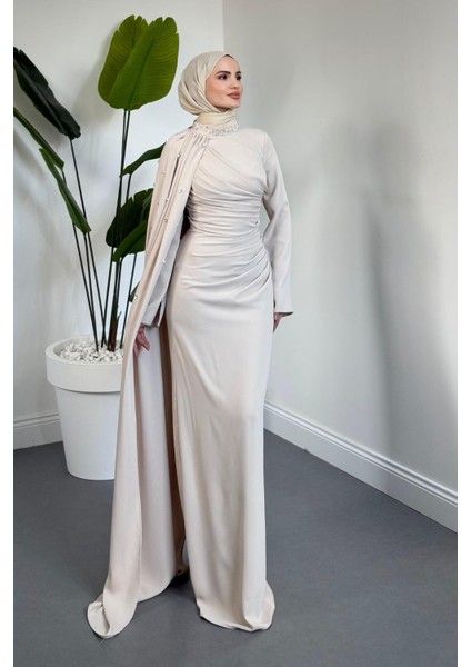 Astana Yandan Taşlı Abiye Krem