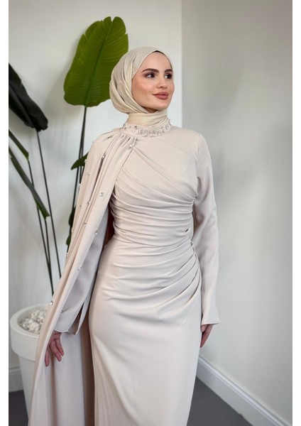 Astana Yandan Taşlı Abiye Krem modelleri