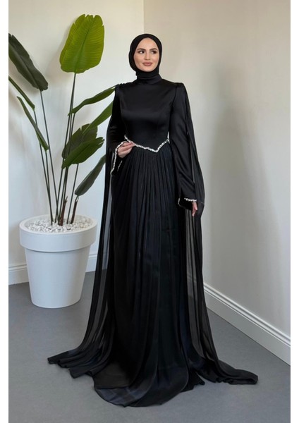 Nuvell Beli ve Kol Ucu Taşlı Abiye Siyah