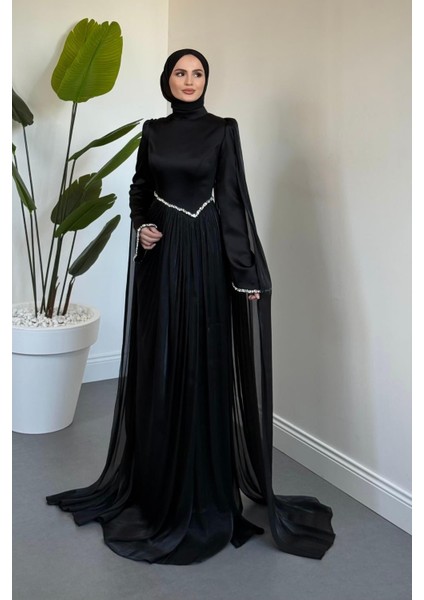 Nuvell Beli ve Kol Ucu Taşlı Abiye Siyah fiyatları