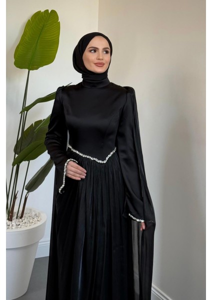 Nuvell Beli ve Kol Ucu Taşlı Abiye Siyah modelleri
