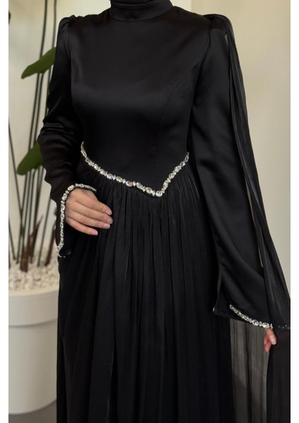 Nuvell Beli ve Kol Ucu Taşlı Abiye Siyah fırsatları