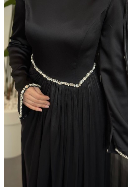 Nuvell Beli ve Kol Ucu Taşlı Abiye Siyah indirimleri