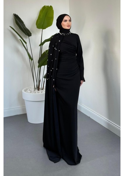 Astana Yandan Taşlı Abiye Siyah