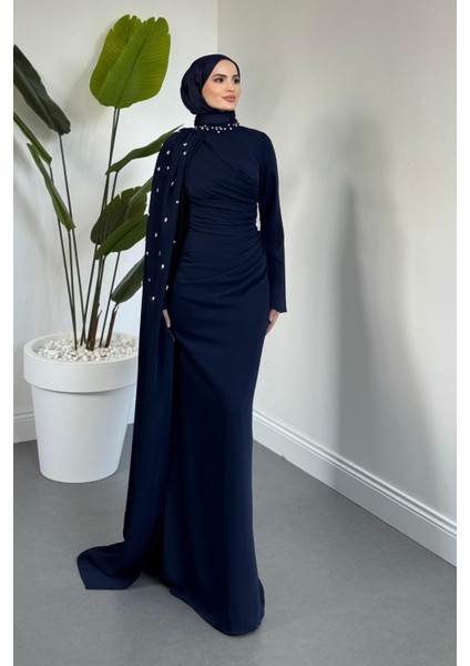 Astana Yandan Taşlı Abiye Lacivert