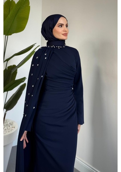 Astana Yandan Taşlı Abiye Lacivert modelleri