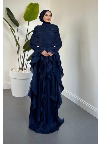 Naruna Pelerinli Fırfırlı Abiye Lacivert fiyatları