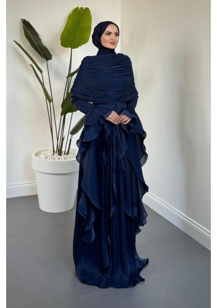 Naruna Pelerinli Fırfırlı Abiye Lacivert modelleri
