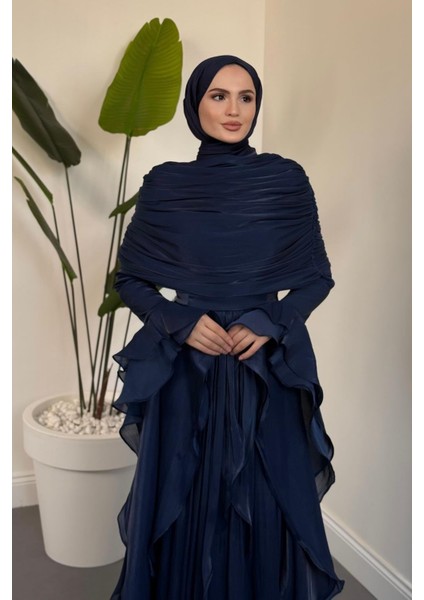 Naruna Pelerinli Fırfırlı Abiye Lacivert fırsatları