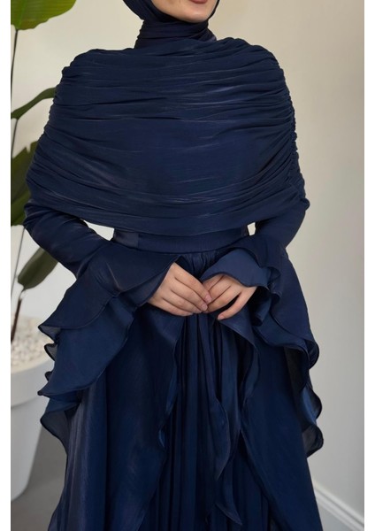 Naruna Pelerinli Fırfırlı Abiye Lacivert indirimleri