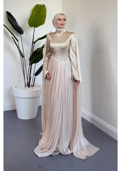 Nuvell Beli ve Kol Ucu Taşlı Abiye Krem