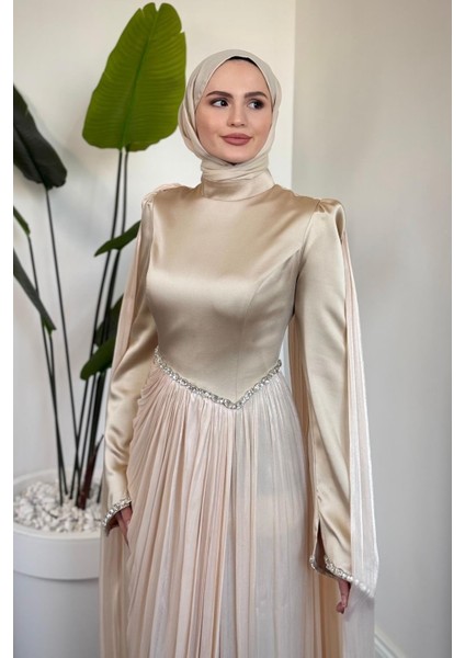 Nuvell Beli ve Kol Ucu Taşlı Abiye Krem fiyatları