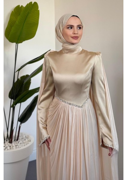 Nuvell Beli ve Kol Ucu Taşlı Abiye Krem modelleri