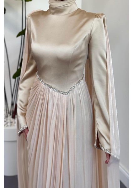 Nuvell Beli ve Kol Ucu Taşlı Abiye Krem fırsatları