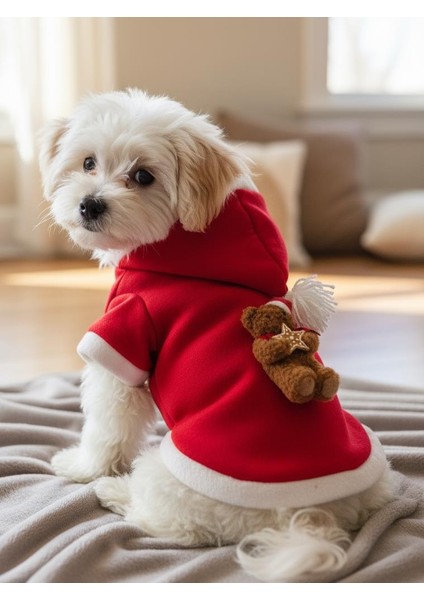 Uncle Teddy Kırmızı Xmas Köpek Kıyafeti | Kapüşonlu Polar Noel Sweatshirt | Küçük Irklar Için