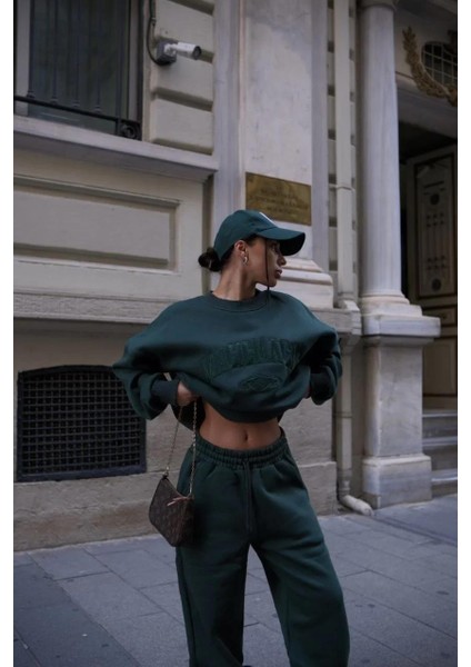 Bisiklet Yaka Nakış Işlemeli Üç Iplik Sweat Takım - Yeşil modelleri