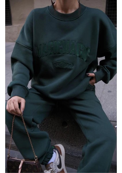 Bisiklet Yaka Nakış Işlemeli Üç Iplik Sweat Takım - Yeşil indirimleri