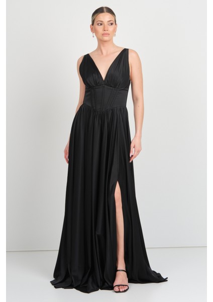 Kadın Derin V Yaka Sırttan Bağlamalı Maxi Abiye Elbise 7091 Siyah fiyatları