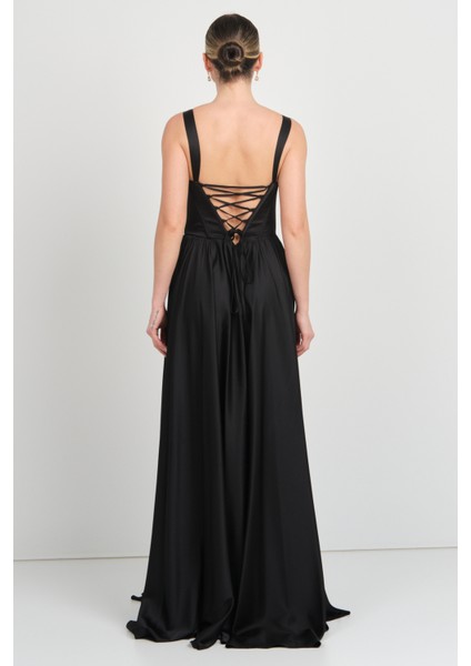 Kadın Derin V Yaka Sırttan Bağlamalı Maxi Abiye Elbise 7091 Siyah fırsatları