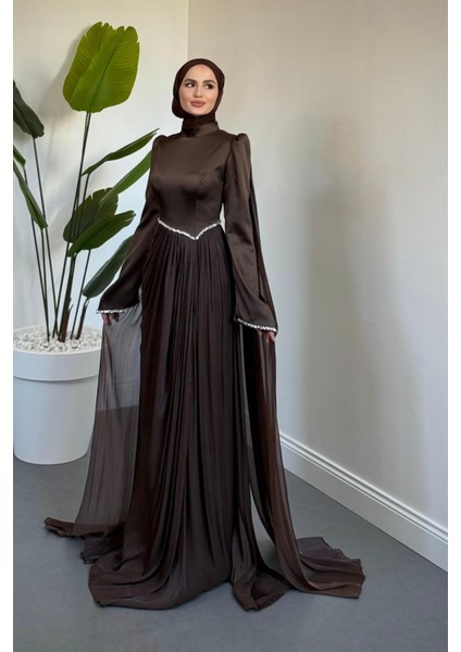 Nuvell Beli ve Kol Ucu Taşlı Abiye Kahverengi