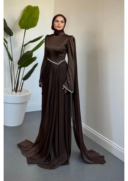 Nuvell Beli ve Kol Ucu Taşlı Abiye Kahverengi fiyatları