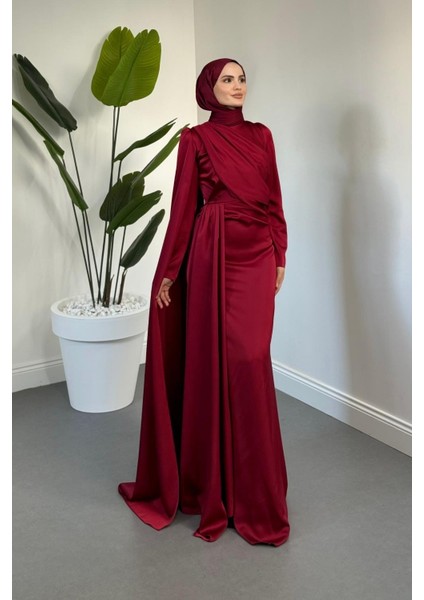 Morley Pelerinli Drapeli Saten Balık Abiye Bordo
