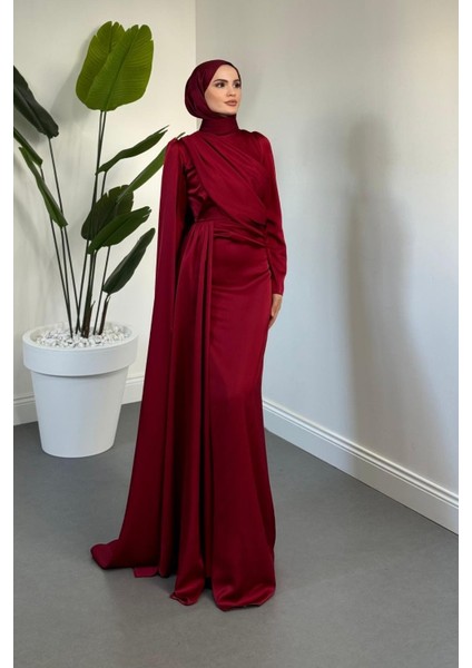 Morley Pelerinli Drapeli Saten Balık Abiye Bordo fiyatları