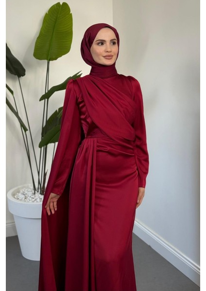 Morley Pelerinli Drapeli Saten Balık Abiye Bordo modelleri